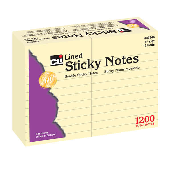 Charles Leonard Sticky Notes, 4" x 6" Lined, PK12 33546
